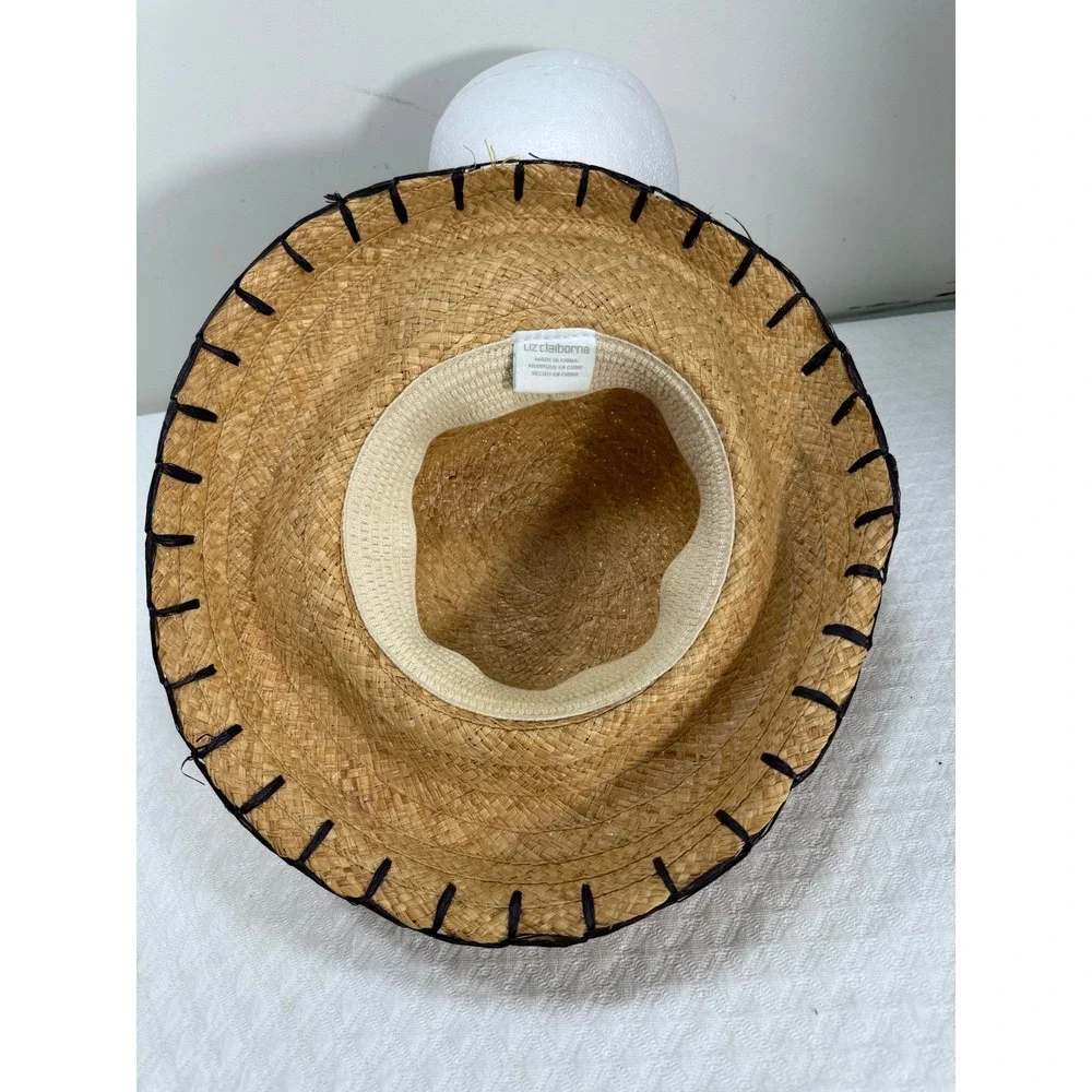 Liz Claiborne Women Natural Straw Sun Hat Wide Brim Whipstitch Detail Tan Brown